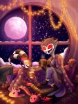  anthro avian beverage bird blitzo_(helluva_boss) clothed clothing coffee demon duo feathers full_moon grey_body grey_feathers helluva_boss hi_res humanoid imp male mlavieer moon night owl owl_demon red_body red_eyes red_skin slippers snow stolas_(helluva_boss) 