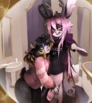  absurd_res anthro antlers ash_faye bathroom bear blue_eyes bottomless clothed clothing giant_panda girly goth hair happy hi_res horn jackalope lagomorph leporid male male/male mammal phone pink_hair rabbit selfie sly_knox solo talilly 