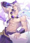  1boy abs absurdres animal animal_ears bandaged_arm bandages bara bead_necklace beads cowboy_shot fang grey_hair hand_on_own_head highres japanese_clothes jewelry large_pectorals league_of_legends male_focus muscular muscular_male navel necklace nipples open_mouth pectorals pink_hair scar scar_on_face sett_(league_of_legends) simple_background smile solo spirit spirit_blossom_sett tail thick_eyebrows white_background yaoyaore 