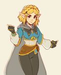  1girl blonde_hair blue_shirt blush breasts brown_bag cape english_commentary fingerless_gloves gloves hair_ornament hairclip hand_up highres hood hood_down hooded_cape looking_at_viewer medium_breasts oxcoxa pouch princess_zelda shirt simple_background smile solo the_legend_of_zelda the_legend_of_zelda:_tears_of_the_kingdom triforce_print 