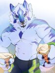  anthro biceps blue_eyes bottomwear canid canine clothing food fur hi_res ice_cream_cone kozumetako lifewonders live_a_hero male mammal multicolored_body multicolored_fur navel neck_tuft sadayoshi shirtless shorts solo tuft 