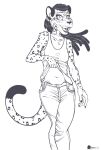  2023 anthro belly bottomwear cheetah chubby_anthro chubby_female claws clothed clothing clothing_lift denim denim_clothing dreadlocks fangs felid feline female fur jeans looking_at_viewer mammal marcushunter navel open_mouth pants raised_clothing raised_tail shirt signature slightly_chubby smile smiling_at_viewer solo spots spotted_body spotted_fur standing tail tank_top teeth tongue topwear 