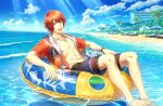  1boy antenna_hair bad_source barefoot beach blue_sky building fingernails game_cg highres ittoki_otoya looking_at_viewer male_focus male_swimwear ocean official_art open_clothes open_mouth open_shirt palm_tree red_eyes red_hair short_sleeves sky smile soaking_feet solo swim_trunks teeth toenails toes tree umbrella uta_no_prince-sama uta_no_prince-sama:_shining_live 