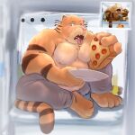  2023 anthro barefoot domestic_cat ellipsis father_(lore) feet felid feline felis food fur hi_res in_fridge male mammal mature_male open_mouth parent_(lore) pecs pizza reference_image sitting slightly_chubby softestpitbull solo striped_body striped_fur stripes sweatpants tongue tongue_out vic_(garfield) 
