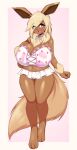  anthro big_breasts blonde_hair blush breasts brown_body brown_fur cleavage clothed clothing eevee female fur generation_1_pokemon grey_eyes hair hi_res huge_breasts midriff navel nintendo open_mouth pokemon pokemon_(species) smile solo standing tailzkim thick_thighs wide_hips 