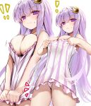  ! !! 1girl blush breasts cleavage closed_mouth crescent crescent_hair_ornament dress efe frilled_dress frills hair_between_eyes hair_ornament highres large_breasts long_hair motion_lines multiple_views patchouli_knowledge purple_eyes purple_hair simple_background striped striped_dress touhou vertical-striped_dress vertical_stripes white_background white_dress 