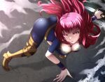  1girl all_fours ass bodysuit breasts cleavage commentary_request dagger facial_mark fire_emblem fire_emblem_engage graves highres holding holding_dagger holding_knife holding_weapon knife large_breasts parted_lips red_eyes red_hair solo star_(symbol) thighs weapon wristband yozu_(yozu0420) yunaka_(fire_emblem) 