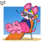  3_toes anthro beach chair clothing digit_ring electricsnowfox eyewear feet foot_focus fur furniture hi_res jewelry male mammal pink_body pink_fur ring seaside shirt sitting sleeping soles solo sunglasses toe_ring toes topwear unknown_species 