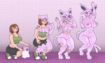  2023 anthro big_breasts blush bottomwear breast_expansion breasts celsty clothing digital_media_(artwork) duo eeveelution espeon expansion female footwear forehead_gem generation_2_pokemon generation_6_pokemon genitals goo_transformation goomy growth hi_res human human_to_anthro mammal navel nintendo nipples nude on_one_leg pink_body pokemon pokemon_(species) pussy sequence shoes shorts simple_background smile species_transformation standing surprise tail_growth transformation wide_hips 