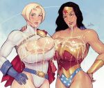  2girls absurdres artist_name black_hair blonde_hair breasts cleavage cleavage_cutout clothing_cutout collarbone cowboy_shot cum cum_on_body cum_on_breasts cum_on_clothes dc_comics devilhs excessive_cum facial gloves hand_on_another&#039;s_shoulder highres huge_breasts lips long_hair looking_at_viewer multiple_girls muscular muscular_female power_girl short_hair signature smile superman_(series) tiara vambraces wonder_woman wonder_woman_(series) 