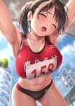  1girl armpits bent_over black_hair blush bottle breasts buruma closed_eyes highres kase_daiki large_breasts navel open_mouth original ponytail red_sports_bra short_hair solo sports_bra steam steaming_body sweat thighs tongue water_bottle wet 