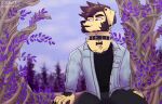  14:9 2020 acidwuff anthro beard bird_dog black_clothing black_topwear blue_clothing blue_jacket blue_topwear blurred_background bottomwear canid canine canis cheek_tuft clothed clothing dated domestic_dog ear_piercing ear_ring facial_hair facial_piercing facial_tuft feralio_(rileyavocado) floppy_ears front_view fur glistening glistening_eyes golden_retriever grey_bottomwear grey_clothing grey_pants hi_res hunting_dog jacket looking_aside male mammal mouth_closed multiple_piercings nose_piercing nose_ring outside pants piercing plant purple_eyes retriever ring_piercing septum_piercing septum_ring sitting solo topwear tree tuft yellow_body yellow_fur 