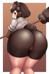  1girl absurdres animal_ears ass bear_ears bear_girl bear_paw_hammer bear_tail bent_over bike_shorts blush border brown_bear_(kemono_friends) brown_hair cameltoe crotch elbow_gloves extra_ears from_side gloves grey_hair highres holding holding_weapon impossible_clothes impossible_shorts kemono_friends looking_at_viewer looking_back medium_hair microskirt multicolored_hair neukkom outside_border parted_lips presenting shirt short_sleeves shorts shorts_under_skirt skin_tight skirt solo standing tail two-tone_hair weapon white_border 
