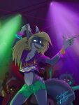  absurd_res anthro blonde_hair blue_body blue_fur canid canine canis charity_cross clothing commandercross crop_top cutoff_jeans dancing female fur green_eyes hair hi_res mammal midriff rave shirt solo topwear wolf 