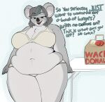  absurd_res anonymous_character anthro bedroom_eyes belly_overhang clothing english_text female hi_res huge_filesize koala lipstick makeup mammal marsupial morbidly_obese morbidly_obese_female narrowed_eyes obese obese_female overweight overweight_female piercing puhba seductive solo text underwear vombatiform weight_gain 