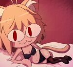  1girl :3 animal_ears arm_support black_bra black_panties blonde_hair bra cat_ears cat_girl cat_tail closed_mouth impstripe looking_at_viewer lying medium_hair navel neco-arc on_side panties red_eyes slit_pupils solo tail thighhighs tsukihime underwear underwear_only 
