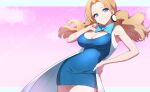  1girl aged_up alternate_breast_size bare_arms blonde_hair blue_dress blue_eyes bow breasts cleavage closed_mouth coat commentary_request commission dress earrings hand_on_own_hip highres jewelry large_breasts long_hair looking_down molly_hale open_clothes open_coat pink_background pixiv_commission pokemon pokemon_(anime) pokemon_(classic_anime) pokemon_3:_the_movie_-_spell_of_the_unown:_entei ryokuchabushi sleeveless sleeveless_coat smile solo white_coat 