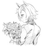  1girl bouquet closed_mouth cropped_torso ear_piercing flower from_behind greyscale holding holding_bouquet light_blush long_sleeves monochrome piercing quatraise shirt short_hair smile solo t.m._opera_o_(umamusume) umamusume umbrella 