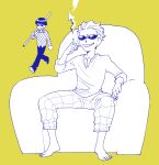 2boys aged_down bamboo barefoot black_hair black_pants blonde_hair checkered_clothes checkered_shirt cigarette couch donquixote_doflamingo grin highres holding holding_cigarette multiple_boys on_couch one_piece pants prepbon shirt short_hair sketch smile smoking sunglasses vergo walking white_shirt yellow_background 