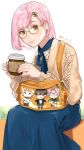  1girl bag bespectacled blue_nails blue_neckerchief blue_sky bob_cut casual character_print chibi closed_mouth clover_hair_ornament cup disposable_cup fe_rune feet_out_of_frame glasses hair_behind_ear hair_ornament hairclip hands_up holding holding_cup honda_iku kazama_ryouta knit_sweater long_skirt long_sleeves multicolored_nails nail_polish nanatsumori_minoru neckerchief pink_hair pinwheel protagonist_(tokimemo_gs4) red_eyes red_nails round_eyewear short_hair shoulder_bag sitting skirt sky smile solo sweater tokimeki_memorial tokimeki_memorial_girl&#039;s_side_4th_heart twintails white_background yellow-framed_eyewear 