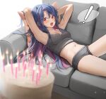  ! 1girl absurdres armpits arms_behind_head arms_up bare_arms bare_shoulders bbakasatang birthday_cake blue_hair blurry blurry_foreground breasts cake camisole candle colored_inner_hair couch crop_top depth_of_field food grey_shirt grey_shorts highres horns konoshiro_(bbakasatang) lying medium_breasts micro_shorts midriff multicolored_hair navel on_back on_couch open_mouth original pillow pink_hair red_eyes shirt shorts sleeveless sleeveless_shirt solo spaghetti_strap spoken_exclamation_mark stomach thighs two-tone_hair 