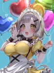  1girl apron balloon blue_background blush breasts commentary_request detached_collar dress grey_hair maid maid_apron maid_headdress medium_breasts production_kawaii shee_icho simple_background solo upper_body virtual_youtuber yayoi_maka yellow_eyes 