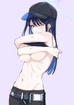  1girl baseball_cap belt black_headwear black_pants black_shirt blue_archive blue_hair blush breasts bruise cleavage closed_mouth cuts groin halo hat highres hizikit injury long_hair medium_breasts navel no_bra one_eye_closed pants pink_eyes saori_(blue_archive) shirt sleeveless sleeveless_shirt snap-fit_buckle solo undressing upper_body wince 