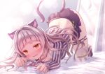  1girl absurdres animal_ears arched_bangs bed black_skirt blush cat_ears cat_girl cat_tail cropped_shirt full_body grey_hair grey_shirt grey_thighhighs highres hololive light_censor long_hair long_sleeves looking_at_viewer miniskirt mirror murasaki_shion murasaki_shion_(1st_costume) no_headwear no_panties no_shoes open_mouth parted_hair reflection shirt short_eyebrows skirt solo striped striped_shirt striped_thighhighs tail thighhighs thighlet top-down_bottom-up vertical-striped_shirt vertical-striped_thighhighs vertical_stripes virtual_youtuber yellow_eyes yoharu_tao 