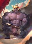  2021 abs anthro armor big_muscles bodily_fluids clothing clothing_aside clothing_pull crouching cum cum_on_ground detailed_background epic7 erection felid genital_fluids genitals headgear helmet hi_res huge_muscles humanoid_genitalia humanoid_penis looking_at_viewer male mammal muscular muscular_anthro muscular_male navel nipples outside pantherine pecs penis purrgis smile solo sweat underwear underwear_aside underwear_pull vein veiny_penis vorusuarts 