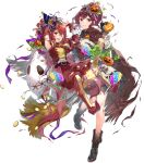  2girls ankle_boots anna_(fire_emblem) armpits arms_up belt blush boots broom broom_riding candy cape charm_(object) clenched_teeth detached_sleeves fire_emblem fire_emblem_awakening fire_emblem_engage fire_emblem_heroes food gloves hair_ornament hat highres jack-o&#039;-lantern knee_boots lantern lollipop long_hair long_sleeves mini_party_hat miwabe_sakura multiple_girls non-web_source official_alternate_costume official_art one_eye_closed pants party_hat pointy_footwear ponytail pumpkin red_eyes red_hair sack siblings side_ponytail sisters star_(symbol) star_tattoo tattoo teeth torn_cape torn_clothes torn_pants torn_sack torn_sleeves transparent_background upper_teeth_only 