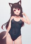  1girl :d absurdres animal_ear_fluff animal_ears bare_arms bare_shoulders black_collar black_one-piece_swimsuit blush breasts brown_hair collar collarbone commentary_request fox_ears fox_girl fox_tail grey_background groin hair_ornament hairclip highres hinata_(user_rjkt4745) long_hair looking_at_viewer one-piece_swimsuit original red_eyes school_swimsuit simple_background small_breasts smile solo swimsuit tail very_long_hair 