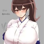  1girl breasts brown_hair grey_background huge_breasts japanese_clothes kaga_(kancolle) kantai_collection kimono looking_at_viewer paundo2 side_ponytail simple_background solo tasuki white_kimono yellow_eyes 