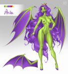  absurd_res anthro areola aria_(gvamba) breasts equid equine fur genitals green_body green_fur hair hi_res holivi horn mammal membrane_(anatomy) membranous_wings nipples nude purple_hair pussy red_eyes solo standing wings 