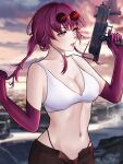  1girl absurdres bare_shoulders breasts commentary crop_top elbow_gloves eyewear_on_head gloves gun hands_up highres holding holding_gun holding_weapon honkai:_star_rail honkai_(series) jiji_ann kafka_(honkai:_star_rail) large_breasts long_hair midriff navel open_fly outdoors parted_lips purple_eyes purple_gloves purple_hair solo stomach submachine_gun sunglasses upper_body weapon 