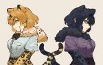  2girls absurdres adeshi_(adeshi0693119) animal_ears black_hair black_jaguar_(kemono_friends) blonde_hair blue_eyes bow bowtie elbow_gloves extra_ears gloves grey_background highres jaguar_(kemono_friends) jaguar_ears jaguar_girl jaguar_print jaguar_tail kemono_friends multiple_girls scarf shirt short_hair simple_background skirt tail yellow_eyes 