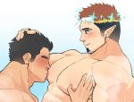  2boys abs bara blush brown_hair couple faceless faceless_male facial_hair from_side goatee grabbing hand_on_another&#039;s_head highres kansuke_(kansuke_717) large_pectorals male_focus multicolored_hair multiple_boys muscular muscular_male nipples nude pectoral_grab pectorals pointy_ears profile protagonist_3_(housamo) short_hair sideburns sideburns_stubble smile snowflakes solo_focus sparkling_eyes steam sucking_male_nipple thick_eyebrows tokyo_afterschool_summoners tomte_(housamo) two-tone_hair upper_body white_hair yaoi 