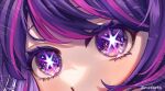  1girl absurdres blush close-up commentary english_commentary eye_focus highres hoshino_ai_(oshi_no_ko) lens_flare light_particles long_hair looking_at_viewer meeartz multicolored_hair oshi_no_ko parted_bangs pink_hair purple_eyes purple_hair shadow sidelocks solo sparkle star-shaped_pupils star_(symbol) streaked_hair swept_bangs symbol-shaped_pupils twitter_username 