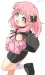  1girl :d alternate_costume backpack bag black_bag black_bow black_choker black_footwear black_skirt blue_eyes blush bow choker frilled_shirt frilled_socks frills hair_bow hair_down highres holding_strap jirai_kei long_sleeves looking_at_viewer nnn_yryr open_mouth pink_hair pink_shirt platform_footwear shirt simple_background skirt smile socks solo standing standing_on_one_leg white_background white_socks yoshikawa_chinatsu yuru_yuri 