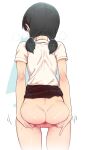  1girl anus ass black_hair clothes_lift commentary from_behind low_twintails nape okitaima original pleated_skirt pussy school_uniform shirt simple_background skirt skirt_lift solo spread_anus twintails white_shirt 