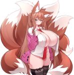  1girl 5danny1206 animal_ear_fluff animal_ears black_thighhighs breasts brown_hair cardigan closed_mouth commission curvy fox_ears fox_girl fox_tail green_eyes hand_on_own_chest highres huge_breasts large_breasts long_hair looking_at_viewer multiple_tails open_cardigan open_clothes open_shirt original pink_cardigan plump shirt simple_background smile solo striped striped_thighhighs tail thick_thighs thighhighs thighs white_background white_shirt 