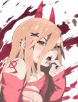  2023 aetherionart blonde_hair blush breasts chainsaw_man cleavage clothed clothing facial_piercing female hair hi_res horn horned_humanoid humanoid lip_piercing lip_ring looking_at_viewer not_furry open_mouth piercing power_(chainsaw_man) red_horn ring_piercing sharp_teeth simple_background solo teeth 