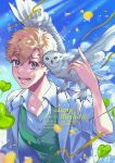  1boy animal animal_on_shoulder balloon bird blonde_hair blue_eyes collared_shirt dated day green_vest hanagaki_takemichi hand_up happy_birthday heart_balloon highres jacket knpn_81 looking_at_viewer male_focus open_mouth outdoors owl shirt short_hair sky sleeves_rolled_up smile solo tokyo_revengers twitter_username upper_body v-shaped_eyebrows vest white_jacket white_shirt 