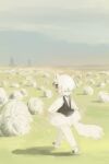  1girl animal_ears black_eyes black_hair black_vest cloud cloudy_sky colored_tips commentary_request day expressionless field from_behind full_body grass grey_sky highres jitome kemono_friends mixed-language_commentary multicolored_hair outdoors painterly pantyhose pero_(sabuaka_bacon) profile romaji_commentary shadow shirt short_hair skirt sky solo southern_tamandua_(kemono_friends) tail tumbleweed vest walking white_hair white_pantyhose white_shirt white_skirt 