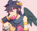  1boy angel angel_wings armband armlet black_hair dark_pit feathered_wings heart holding holding_heart kid_icarus kid_icarus_uprising laurel_crown looking_at_viewer male_focus pink_background red_eyes solo twitter_username v-shaped_eyebrows wings wusagi2 