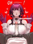  1boy 1girl :o artist_name breasts censored collared_shirt gloves hands_up heart heart-shaped_pupils hetero highres honkai:_star_rail honkai_(series) imminent_fellatio kafka_(honkai:_star_rail) large_breasts large_penis looking_at_penis mosaic_censoring open_hands open_mouth penis penis_awe pov pov_crotch purple_eyes purple_gloves purple_hair red_background shirt simple_background symbol-shaped_pupils twitter_username white_shirt yuushiba 