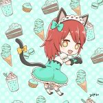  1girl :d animal_ears animal_hands black_gloves blue_bow blue_skirt blush bow cake cake_slice cat_ears cat_tail character_request commentary_request cupcake diamond-shaped_pupils diamond_(shape) fake_animal_ears fake_tail fang food frilled_skirt frills full_body glove_bow gloves hair_bow headdress ice_cream ice_cream_cone long_hair looking_at_viewer looking_back macaron medium_bangs milkshake miyan_(shamigame) open_mouth orange_eyes paw_gloves puffy_short_sleeves puffy_sleeves ragnarok_masters ragnarok_online red_hair shirt short_sleeves skirt smile socks solo symbol-shaped_pupils tail white_shirt white_socks 