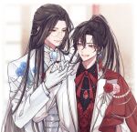  2boys absurdres artist_name beads bishounen black_hair black_shirt blue_flower blue_ribbon blue_rose blurry blurry_background buttons cape closed_mouth collared_shirt earrings eyewear_strap flower gem gloves gold_trim grey_eyes grin hair_between_eyes hand_up high_ponytail highres holding_hands jacket jewelry lan_wangji lapels long_hair long_sleeves looking_at_another male_focus modao_zushi monocle multiple_boys neck_ribbon open_clothes open_jacket parted_bangs pink_flower pink_rose red_cape red_flower red_gemstone red_ribbon red_rose red_vest ribbon ribbon_earrings rose shirt sidelocks single_earring smile teeth tian_(sl11190) twitter_username upper_body very_long_hair vest watermark wei_wuxian white_gloves white_jacket 