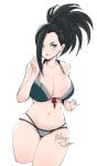  1girl artist_name bare_shoulders bikini black_hair boku_no_hero_academia breasts cleavage cloud cropped_legs grey_bikini grey_eyes hair_over_one_eye large_breasts long_hair looking_at_another multi-strapped_bikini_bottom navel open_mouth ponytail relaxjon shiny_skin simple_background sky solo swimsuit thighs white_background yaoyorozu_momo 