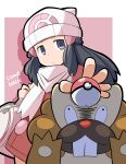  1girl :&lt; bag beanie bibarel black_hair closed_mouth coat commentary_request dawn_(pokemon) duffel_bag grey_eyes hair_ornament hairclip hat highres holding_strap long_hair pink_background poke_ball poke_ball_(basic) pokemon pokemon_(creature) pokemon_(game) pokemon_dppt pokemon_platinum rascal scarf spread_fingers white_headwear white_scarf zipper_pull_tab 