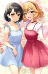  2girls absurdres aged_up black_hair blonde_hair blue_dress blush breasts choker cleavage collarbone dress floral_background floral_print highres idolmaster idolmaster_cinderella_girls looking_at_viewer medium_breasts multiple_girls popon_ta red_choker red_dress sakurai_momoka sasaki_chie sleeveless sleeveless_dress smile 